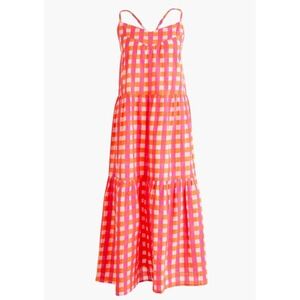 J.Crew x SZ Blockprints Gingham Tiered Midi Dress Pink Orange Size L